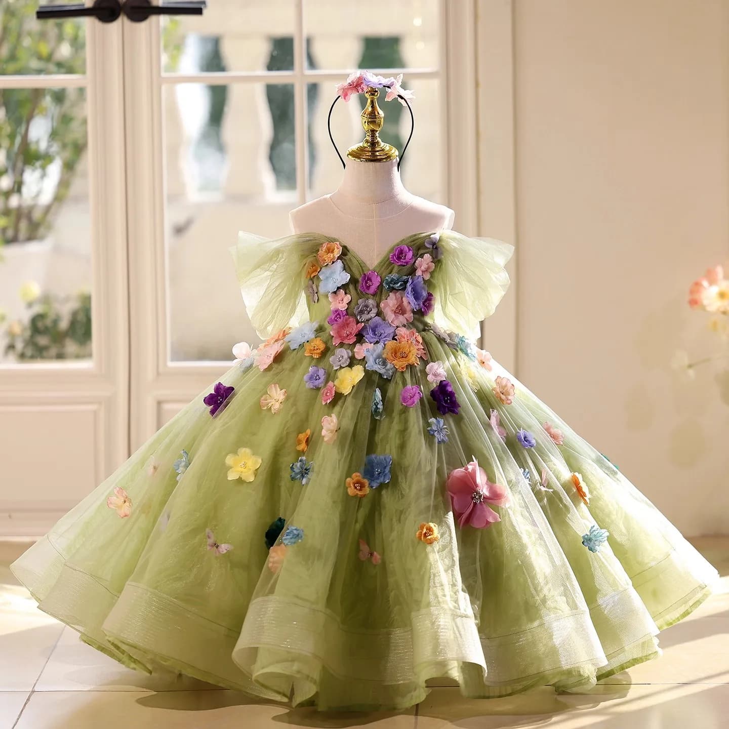 Robe longue pour filles, vêtements à fleurs vertes, robes de princesse d'anniversaire, tenue de spec
