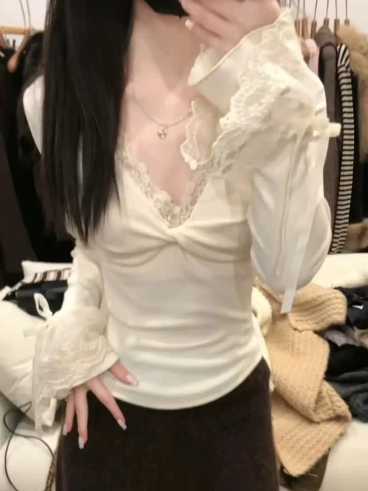 T-shirt à manches longues et col en V pour femme, avec un toucher haut de gamme, un intérieur chaud 