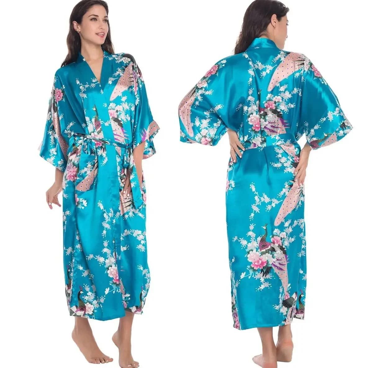 Imprimé fleur femme longue Robe chemise de nuit Robe de maison demi manches Kimono peignoir Robe amp