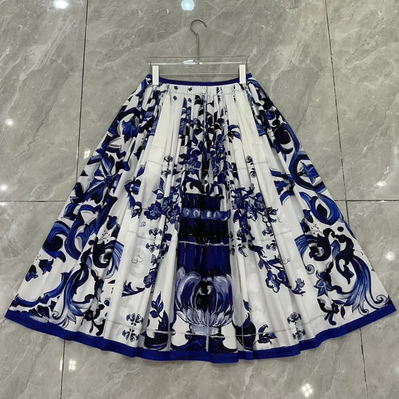Boho 2 pièces ensemble femmes été 2025 bleu porcelaine imprimé haut et coton jupe Maxi concepteur pl