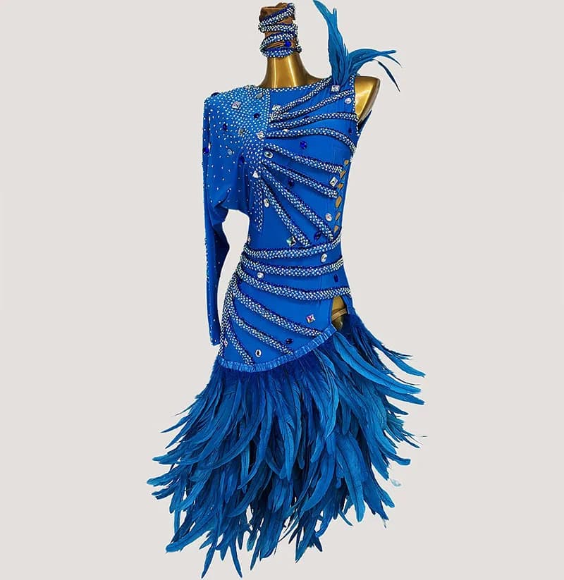 Régions ba Samba Cha Cha Jupe Latine pour Femme, Robe de brevLatine Standard, Plume Bleue, Haut de G