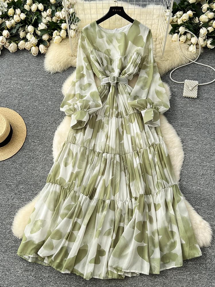 Robe longue imprimée à manches longues pour femmes, grande balançoire, mode française, Style plage, 