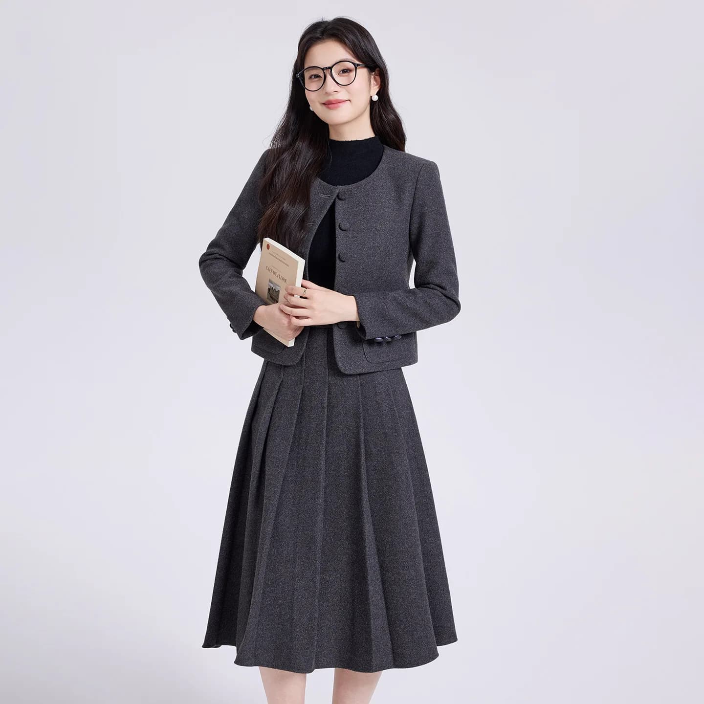 Ensemble 2 pièces en Tweed pour femmes, veste courte à manches longues, simple boutonnage et jupe pl