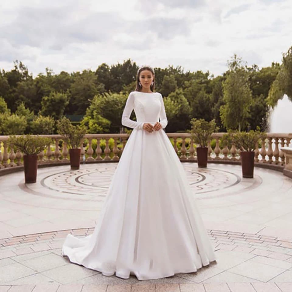 Robes de mariée élégantes en satin 2025 à manches longues, robe de mariée en dentelle, robe de bal s
