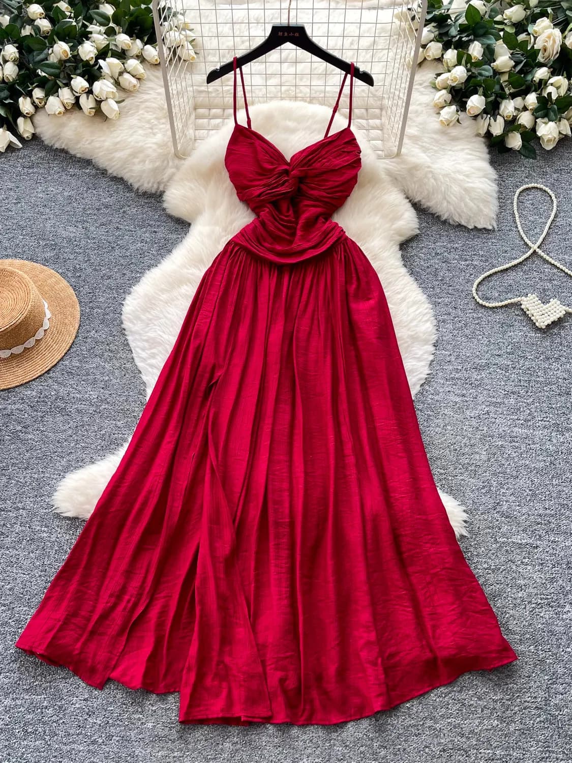 Robe longue sexy pour femme, coupe ajustée, rouge, dos ouvert, à nouer, froncée, ligne A, élégante, 