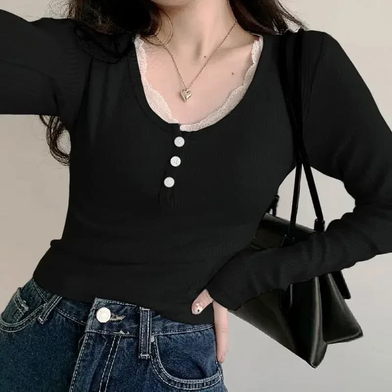 T-shirts à manches longues pour femmes, Slim, boutons en dentelle, Kawaii, Y2k, hauts décontractés, 