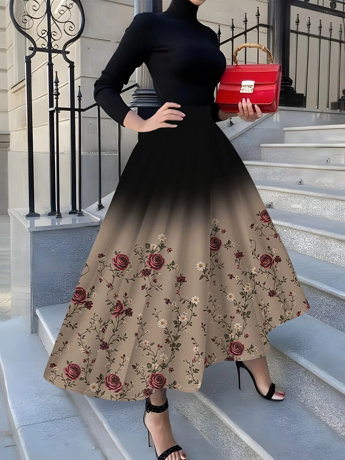 Jupe midi plissée taille haute pour femme, style vacances, imprimé dégradé noir bordeaux rose, coupe
