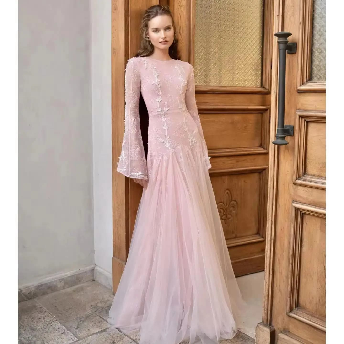 Robe de bal de forme sirène rose, manches longues, en dentelle, manches longues, pour femmes, robe d