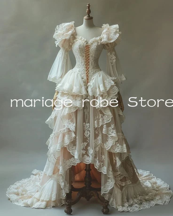 Robes de mariée gothiques victoriennes hautes et basses, sur mesure, fée, manches longues, Corset, r