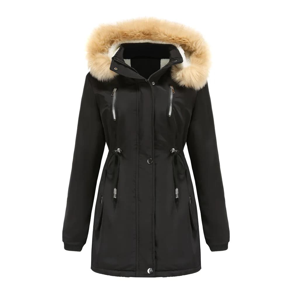 Parka mi-longue en laine d'agneau pour femme, manteaux à capuche, épais, chaud, taille serrée, ample