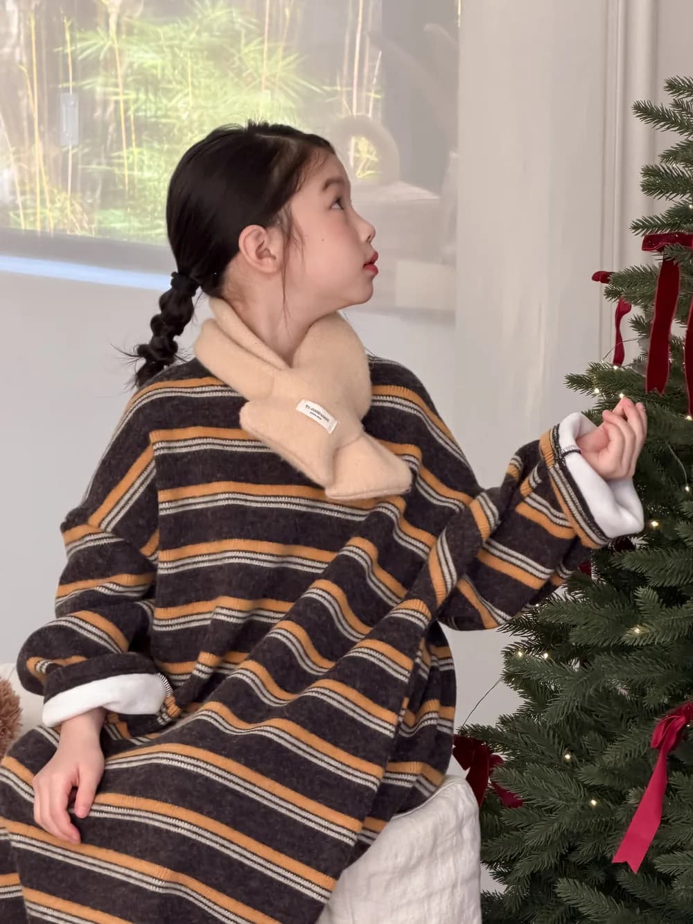 Robe pull à manches longues et col rond pour filles, Style paresseux, rayé contrasté, hiver 2025