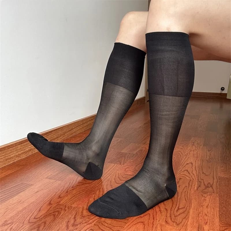 Nouvelles chaussettes longues marron pour homme, super qualité, sexy, transparentes, pour mollets ma