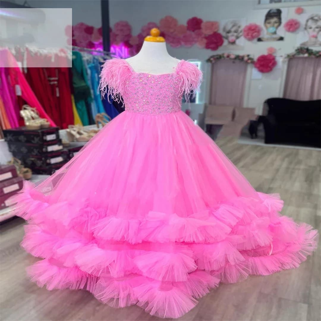Robe de demoiselle d'honneur rose pour mariage, plumes gonflées perlées, robe élégante pour enfants,
