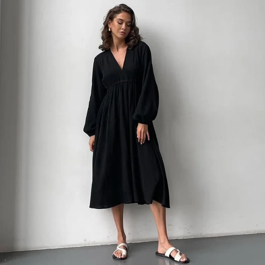 Robes élégantes en mousseline de coton pour femmes, manches longues, col en V, décontracté, fête, va