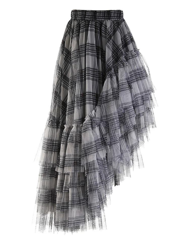 [EAM] taille haute élastique rouge Plaid maille irrégulière longue décontracté demi-corps jupe femme
