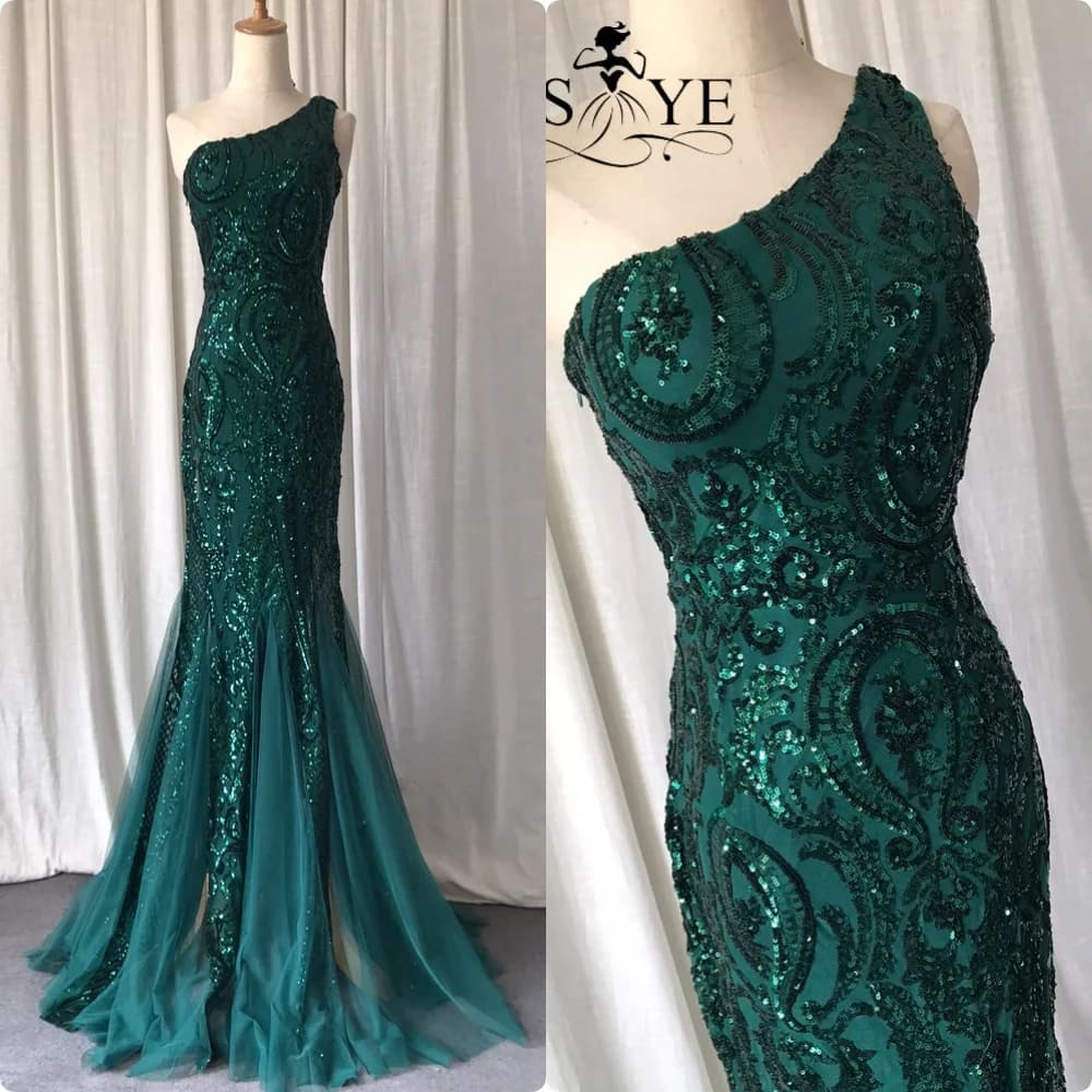Une épaule émeraude robes de soirée vert paillettes longue sirène robe de bal paillettes robe de soi