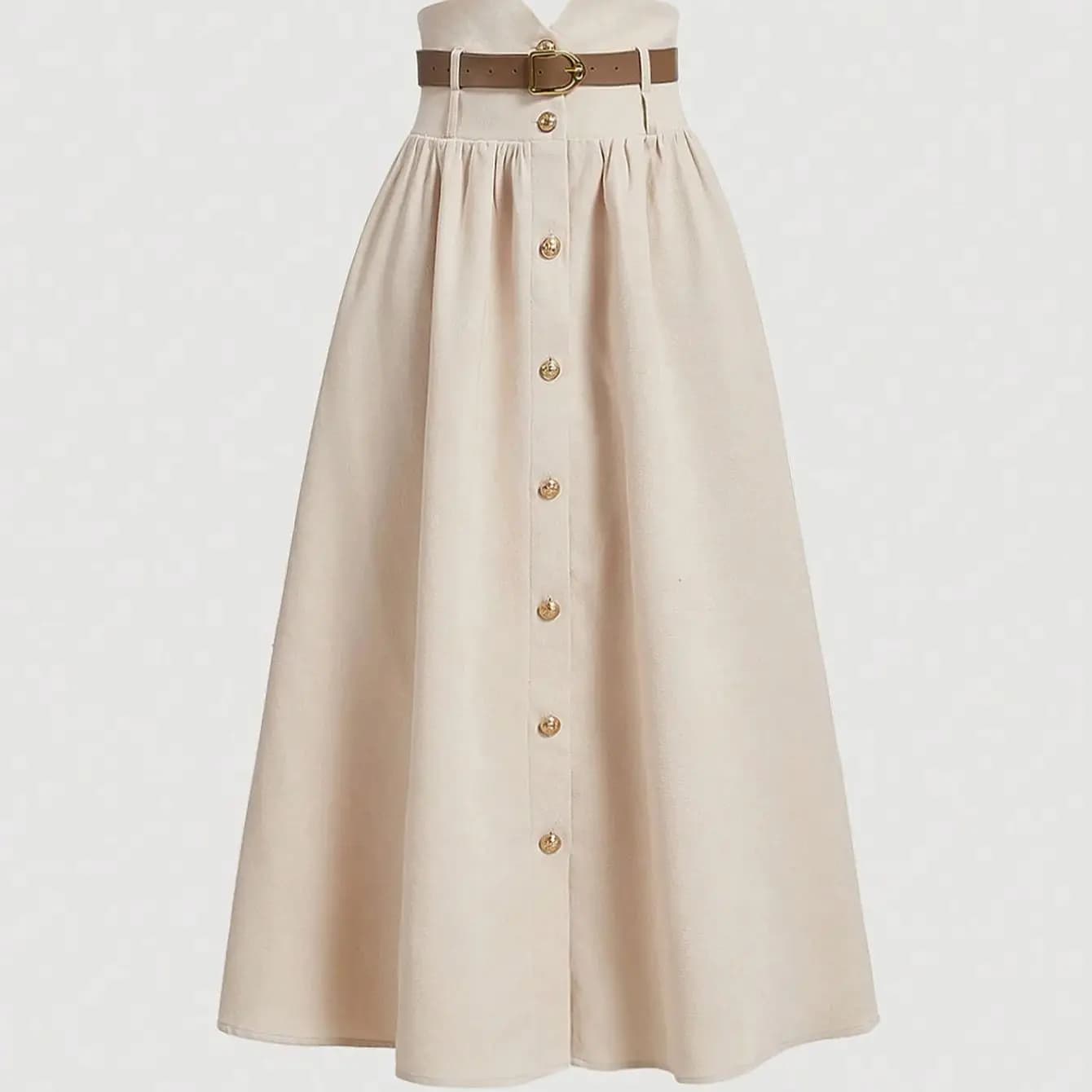 Jupe midi boutonnée taille haute abricot style rétro évasée avec rangée de boutons décoratifs pour f
