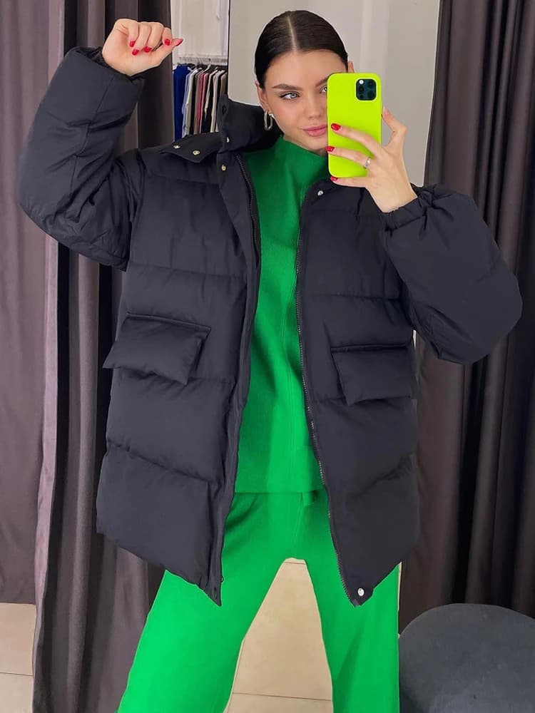Parka matelassurera surdimensionnée avec capuche pour femme, veste chaude, coton noir, bleu, vintage