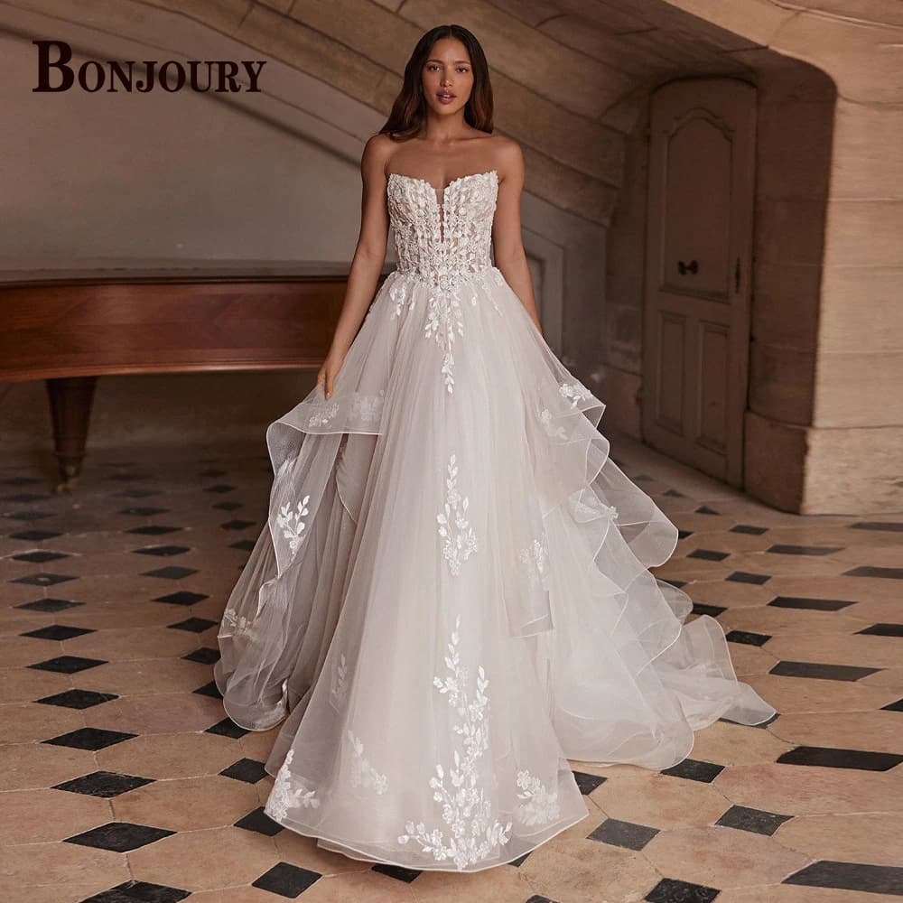BONJOURY robes De mariée modernes pour femmes a-ligne bouton froncé Appliques sans manches Court Tra