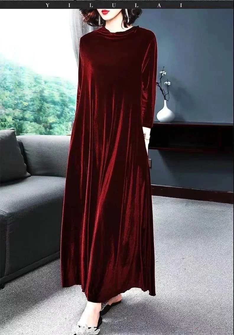 Robe en velours longueur genou pour femme, robe longue automne-hiver, matière en velours doré, col r