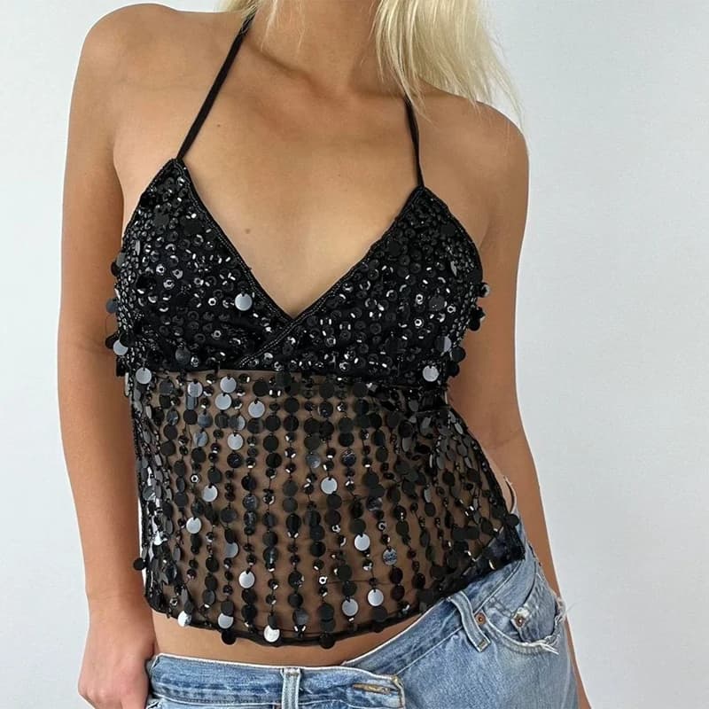 Débardeur à paillettes Vintage, décolleté en v profond, chemise sans manches, gilet pour femmes, Coq