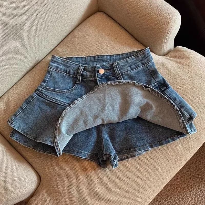 Nouvelle jupe en jean d'été 2026 pour enfants, jupe-culotte mini évasée à volants superposés taille 