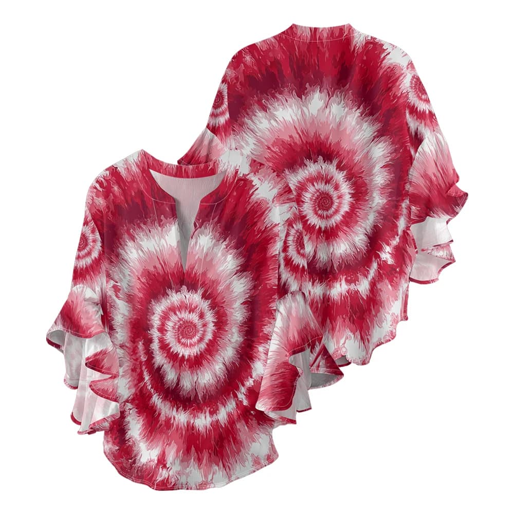 Chemisier à col en v imprimé tourbillon pour femmes, rouge et blanc, chemise en tissu froissé avec m