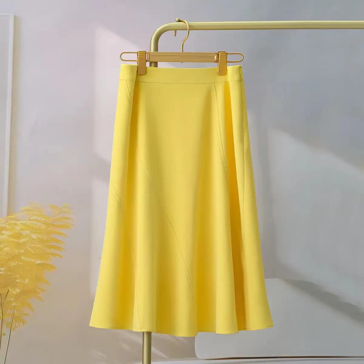 DD-70 - Nouvelle jupe midi jaune pour femme, collection Printemps 2026, jupe évasée