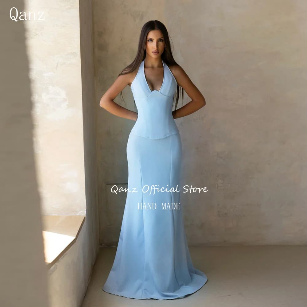Qanz – robe de soirée en Satin bleu ciel, style sirène, 2 pièces, robes pour invitées de mariage, co
