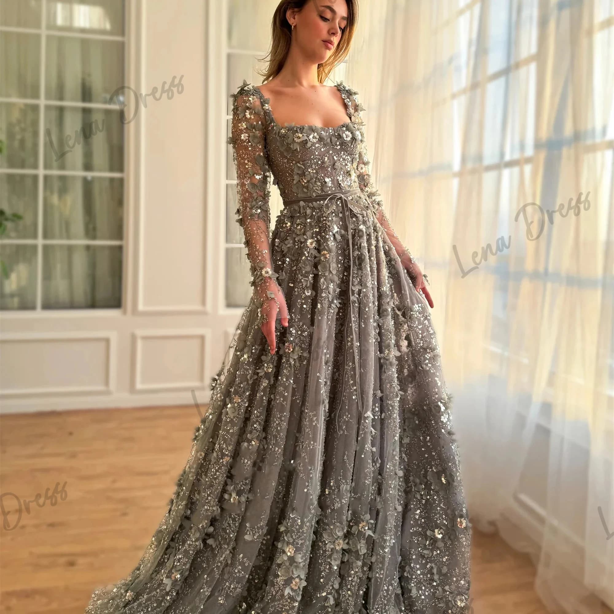 Lena-Robe de soirée en dentelle florale à manches longues, robes de luxe pour occasions formelles, l