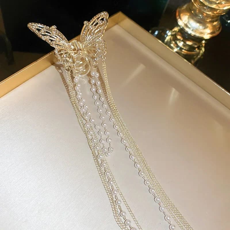 Barrettes à cheveux longues avec franges papillon et strass pour femmes, style féerique, doux, princ