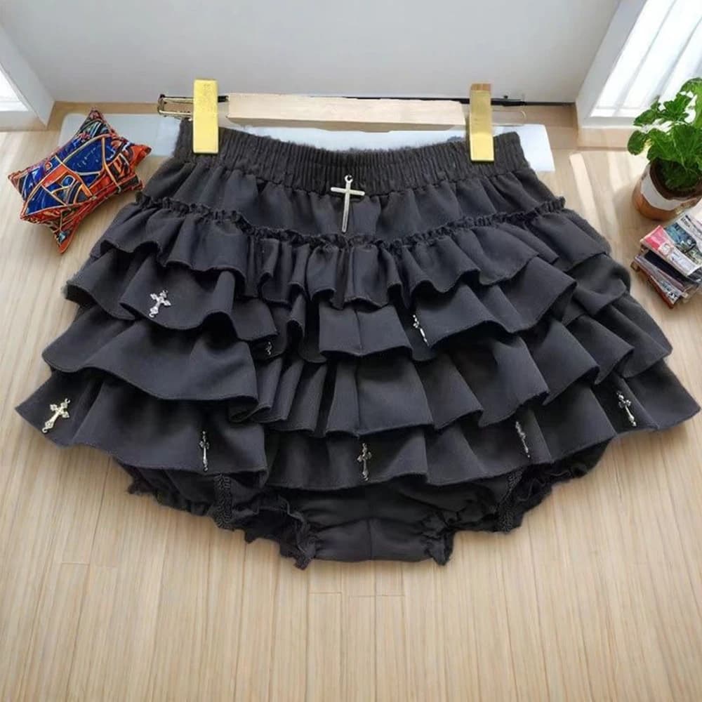 Jupes pour femmes, mini-jupes à volants superposés avec breloques croisées, shorts intégrés, Kawaii 