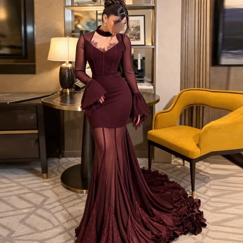 Robe de soirée à col rond et manches longues, personnalisée, de haute qualité, avec manches évasées,
