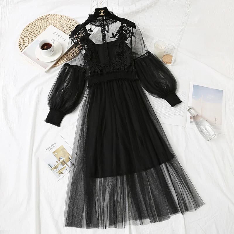 Robe en dentelle à la mode pour femmes, manches lanterne élégantes, robe longue femme, crochet creux