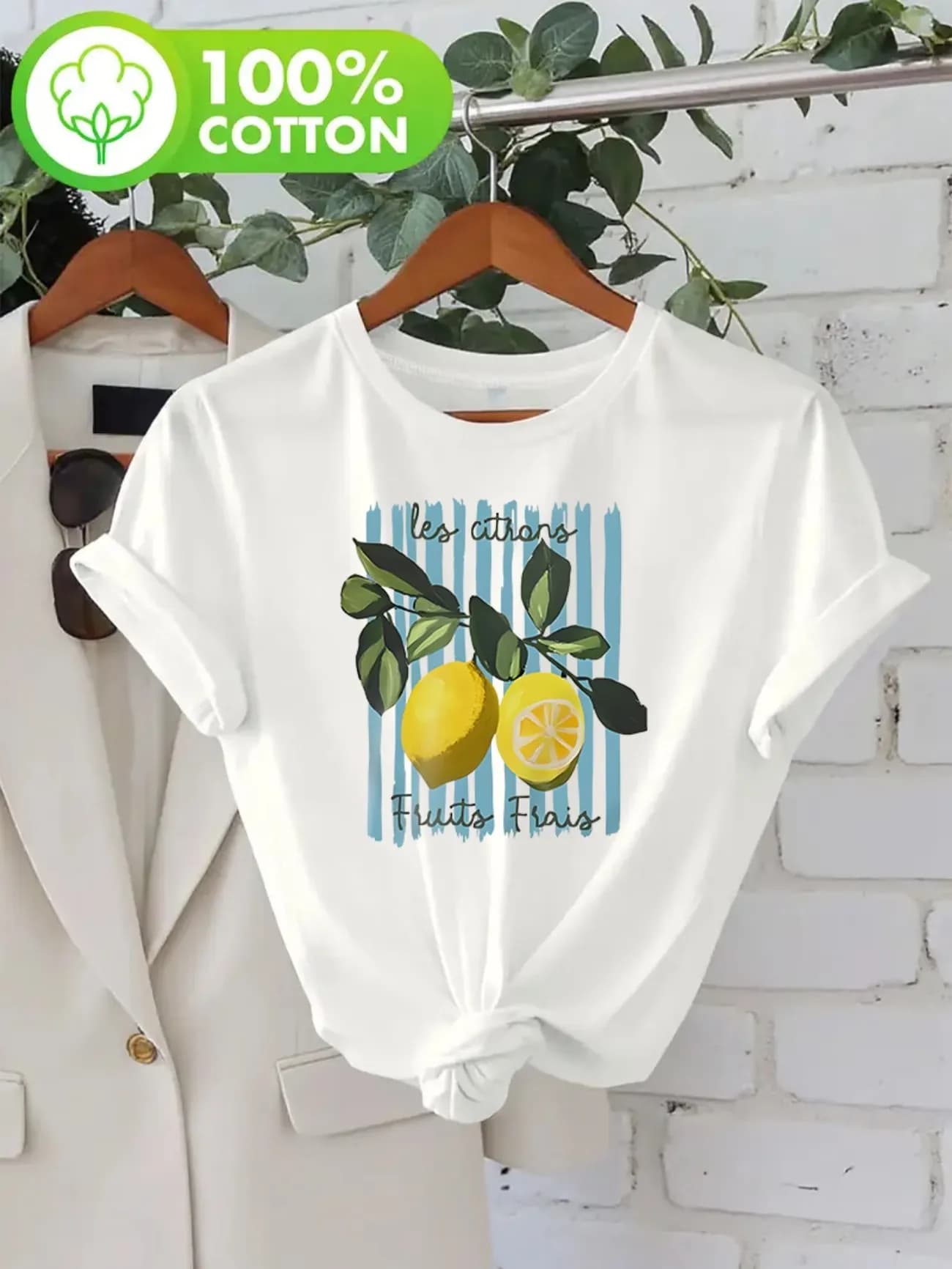 T-shirt pour femme en coton 100% avec imprimé rétro de citron de dessin animé, coupe ample, col rond