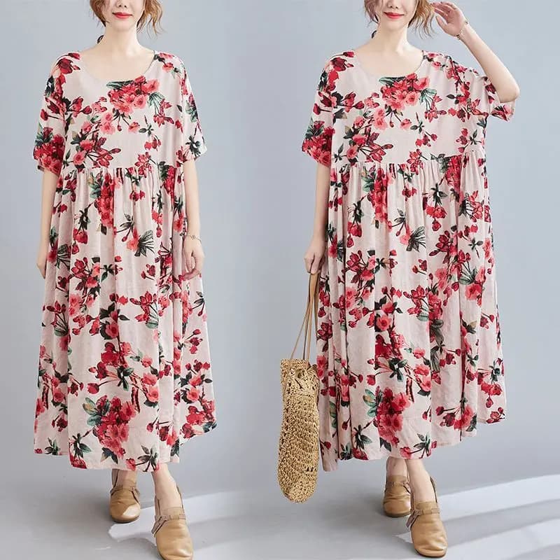 Robe Longue à Manches Courtes et Col Rond pour Femme Vêtement à la Mode, Style Folk, Fleurs Cassées,