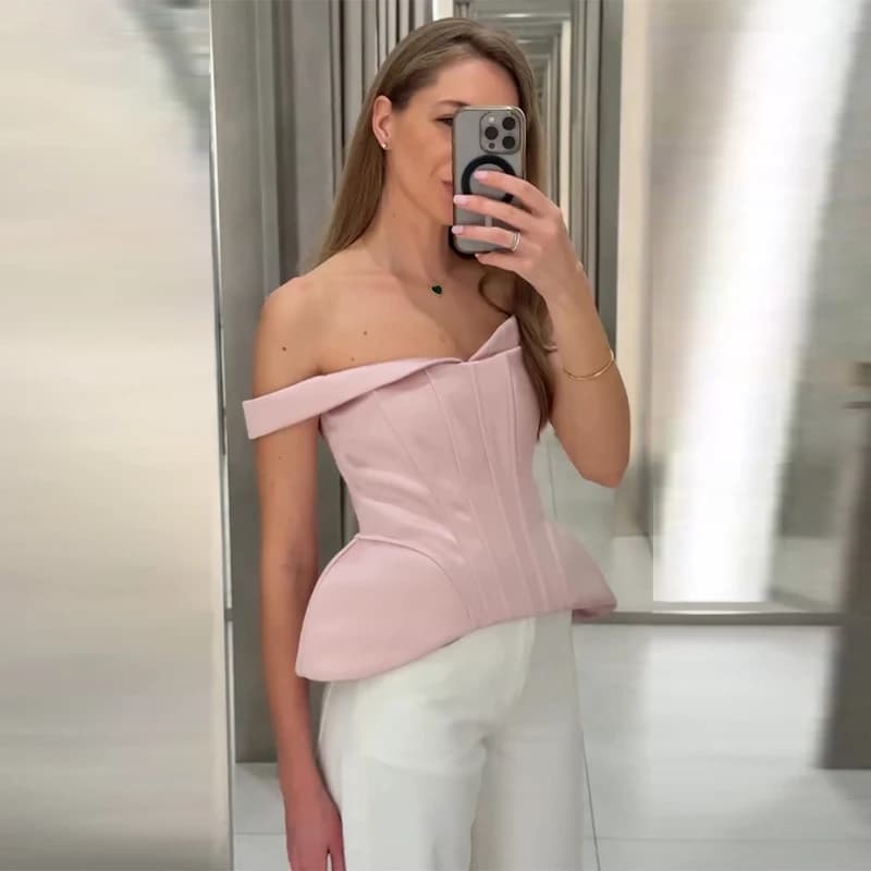 Hauts Corset Bleu Marine pour Femmes – Blouses Slim Sans Manches à Lacets et Épaules Dénudées, Nouve
