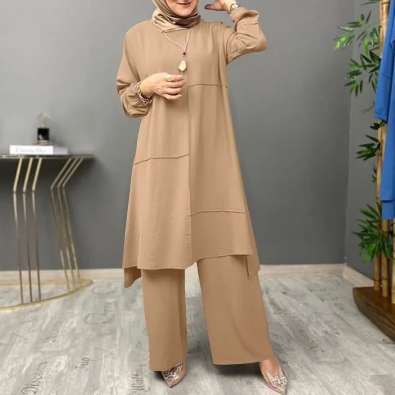 Ensemble deux pièces élégant pour femme : chemise longue kaki à manches bouffantes et vêtements de s