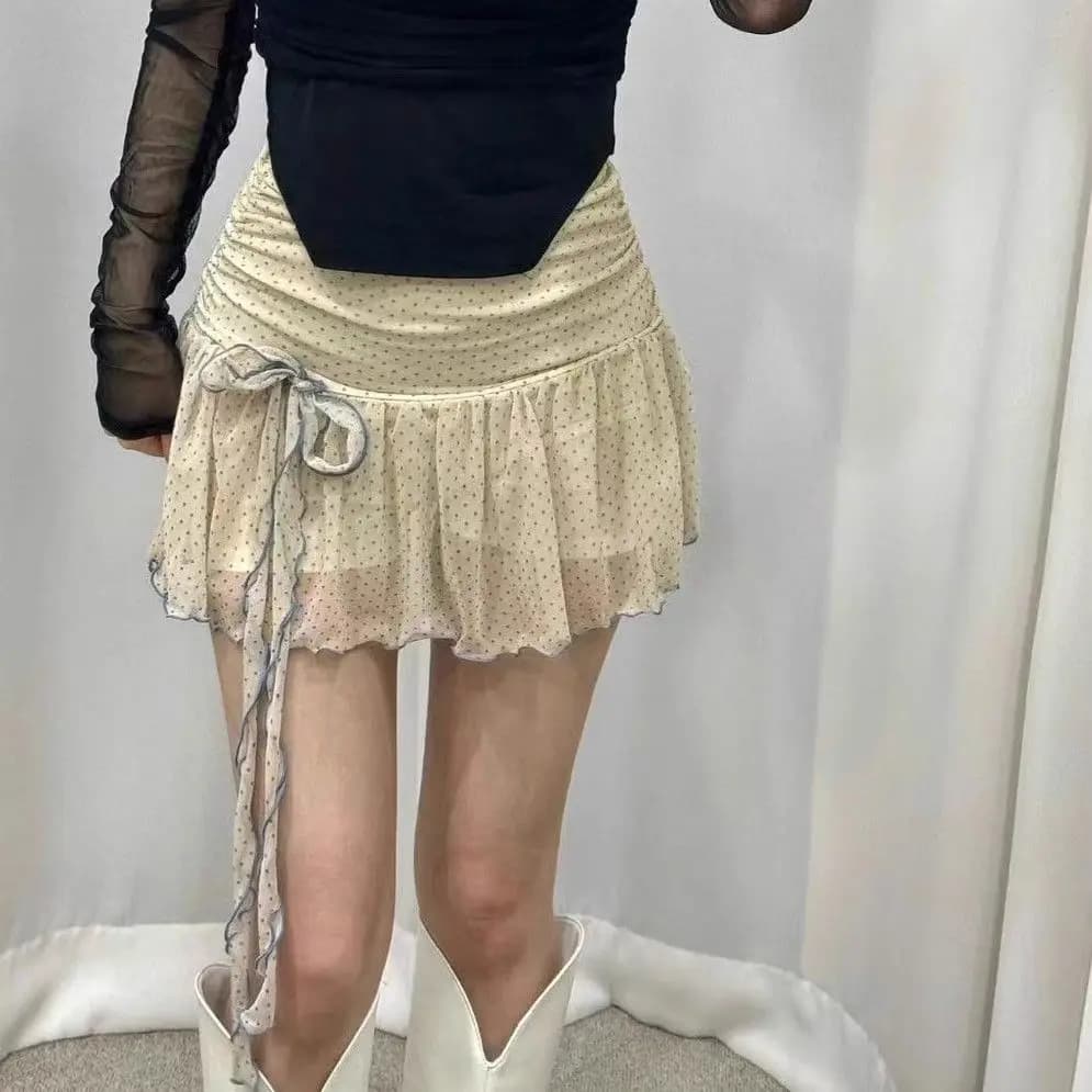 Jupe à pois pour femme, nouvelle collection été 2026, jupe en gaze à nœud français, taille haute, co