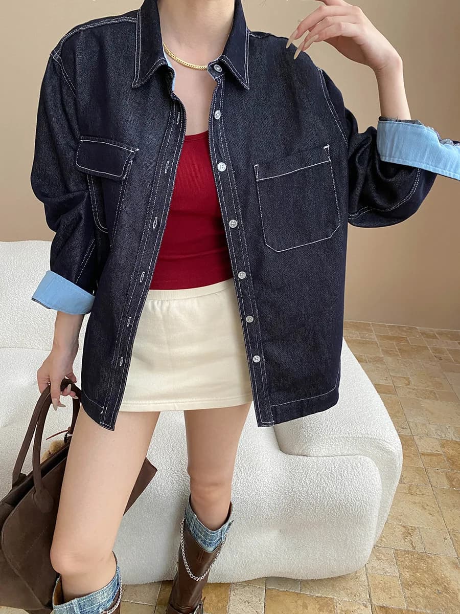 Mingxian couture extérieure design américain rétro couleur contrastée revers double poche veste en j