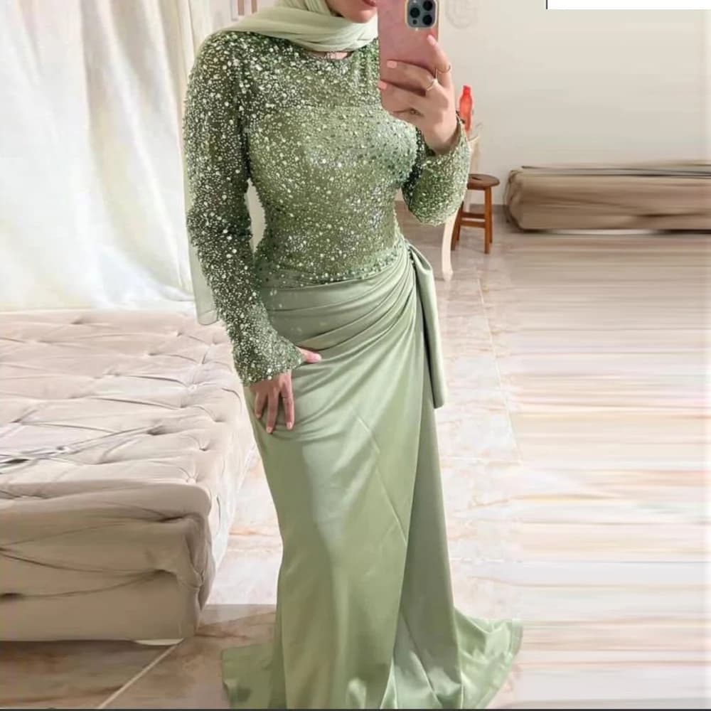 Robe de soirée personnalisée vert sauge, col rond, manches longues, robe de soirée de mariage Abiye 