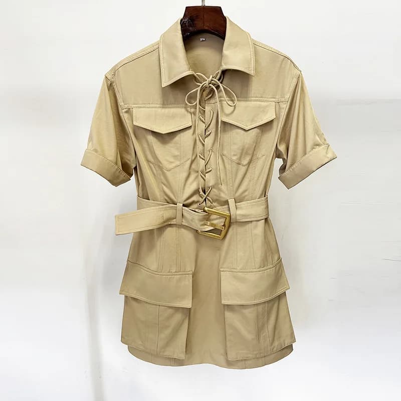 Robe kaki élégante et sexy pour femme, à manches courtes, ceinturée et à lacets, idéale pour les soi