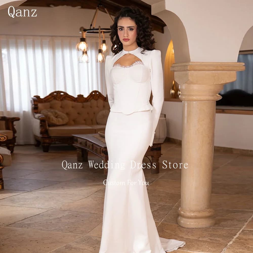 Robes de mariée sirène modestes Qanz, manches longues avec veste, dentelle, Robe De Mariée, Vestidos