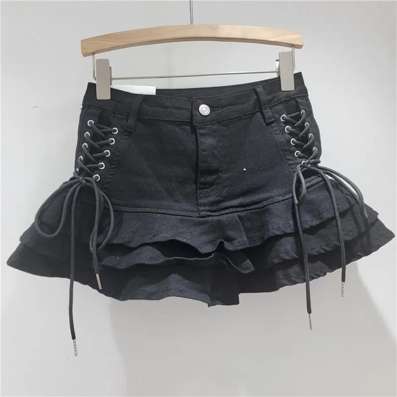 Y2k Denim Sexy Plissé À Volants Mini Jupes pour Femmes D'été 2025 Nouvelle Mode À Lacets Mince Taill