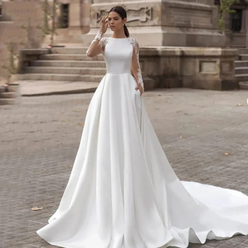 Robes De mariée élégantes en Satin, manches longues, dentelle, Illusion au dos couvert au dos, Simpl