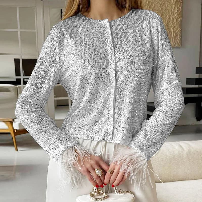 Femmes paillettes à manches longues T-shirt plume printemps automne pull décontracté chemises décont