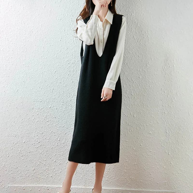 Robe longue en laine Pure 100% pour femme, sans manches, longueur aux genoux, gilet en cachemire tri