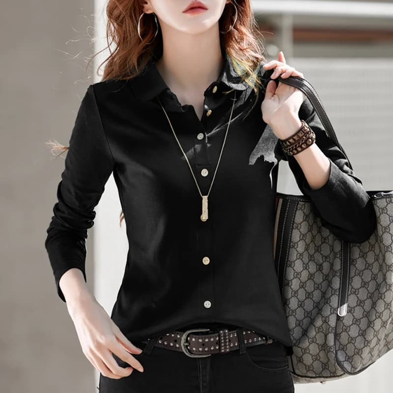 Polo à manches longues en pur coton pour femme, t-shirt ample, haut polo à la mode, amincissant et p