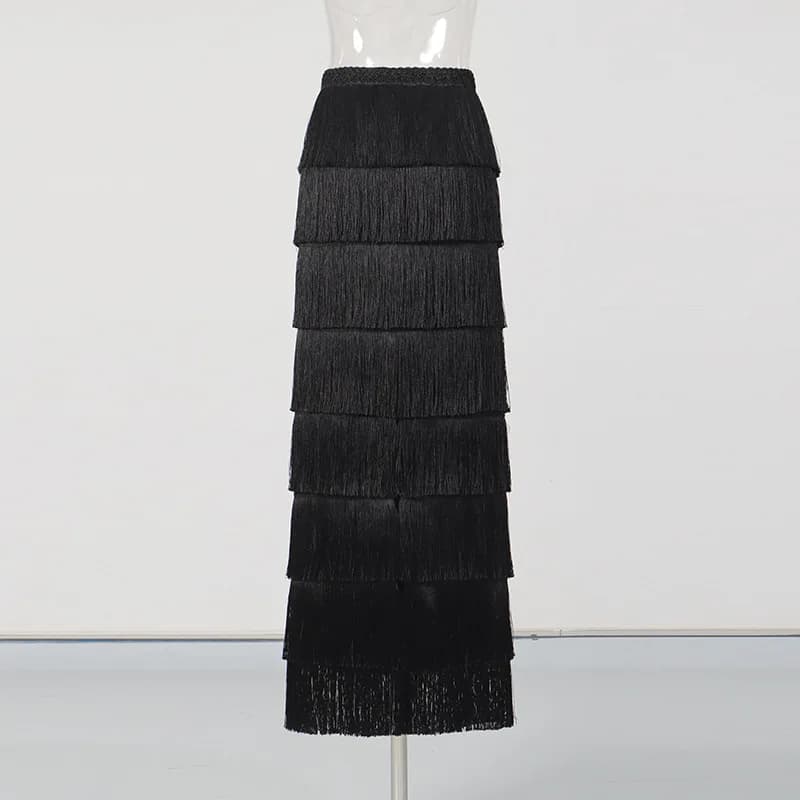 Jupe longue élégante HKSH pour femme, multi-couches, à franges, couleur unie, polyvalente, haut de g