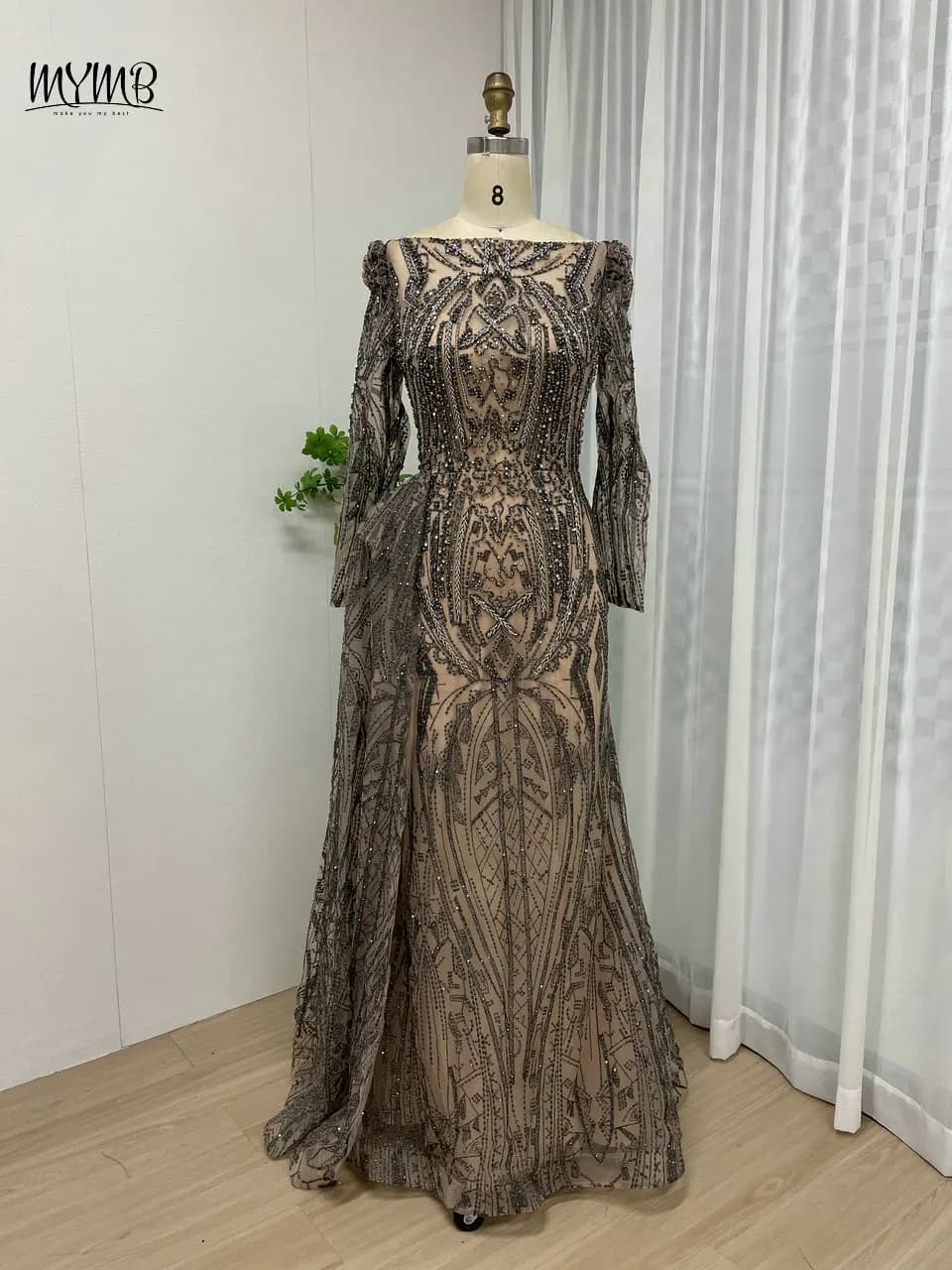 MYMB marron manches longues femmes robes de soirée de mariage musulman haute qualité perlée sirène r